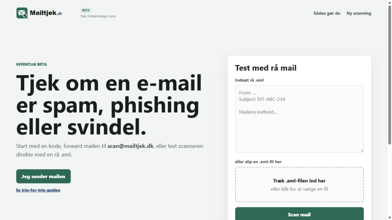 Mailtjek.dk med mulighed for videresendelse og upload af en .eml-fil
