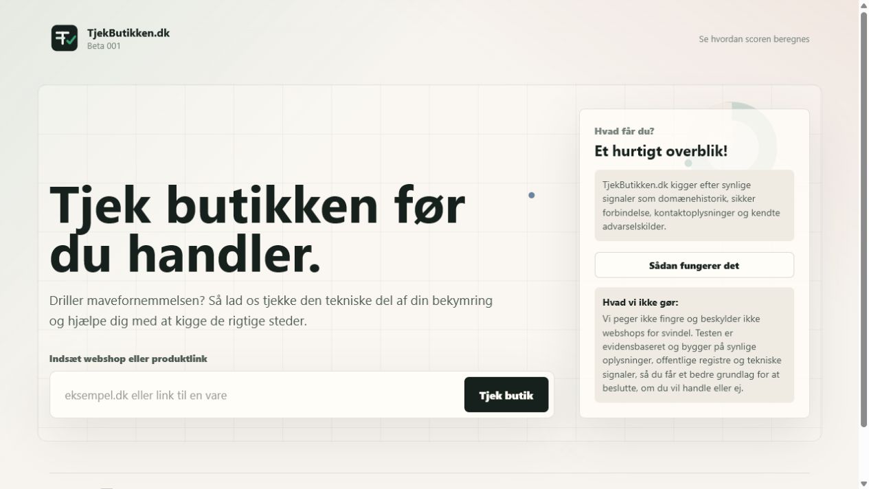 Forsiden på TjekButikken.dk med URL-felt og forklaring